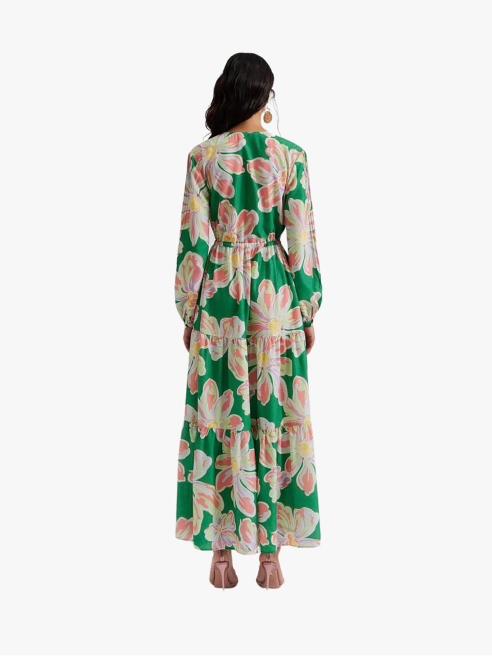By Malina Green Floral Tiered Maxi Dress with Pink & Yellow Blooms NWT SIZE M - Picture 2 of 7